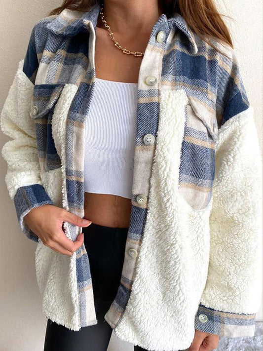 Fuzzy Print Button Up Long Sleeve Jacket