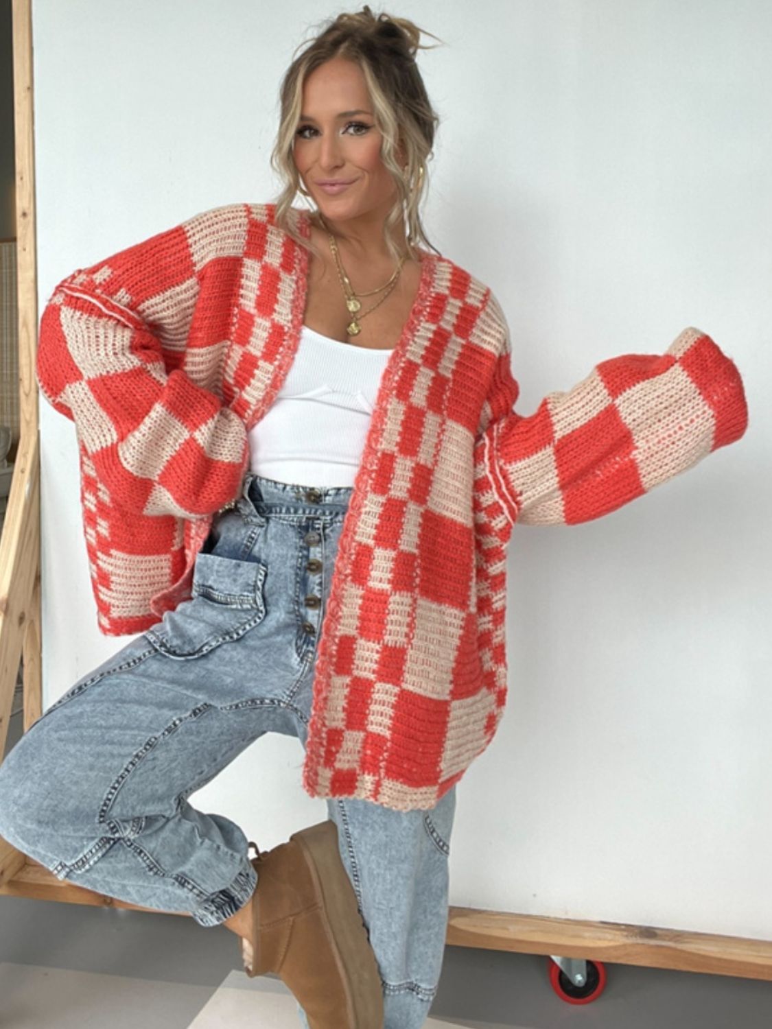 Checkered Open Front Long Sleeve Cardigan