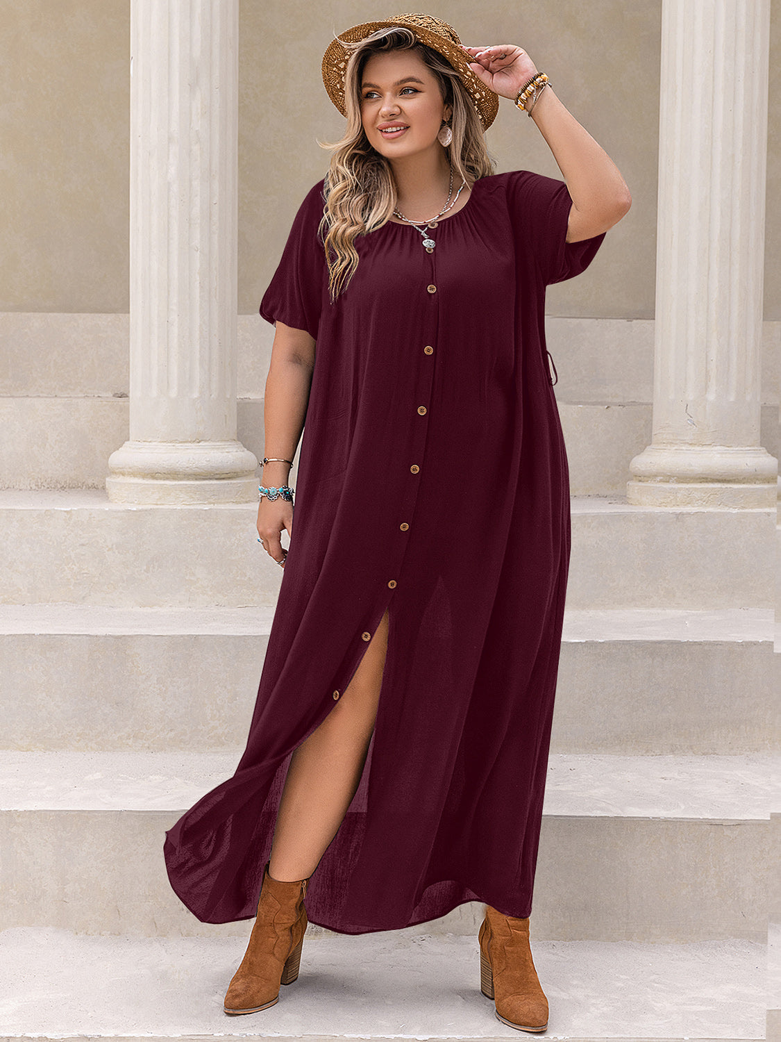 Plus Size Round Neck Half Sleeve Button Down Dress