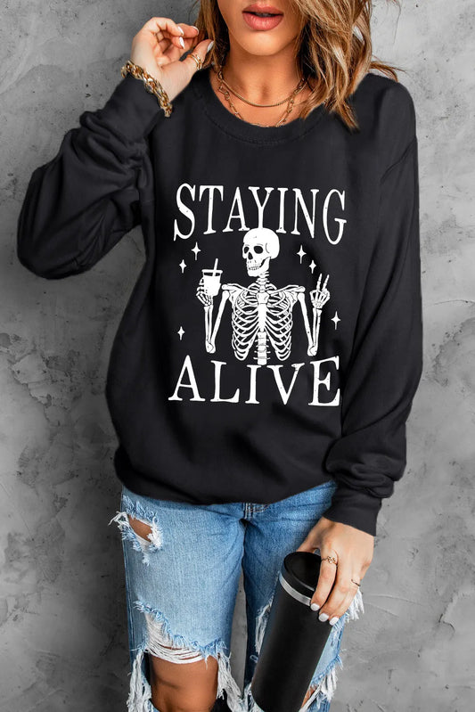 Skull Staying Alive Graphic Long Sleeve Sweatshirt