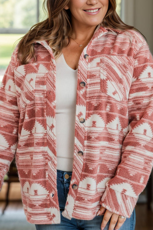 Plus Size Pocketed Geometric Print Jacket