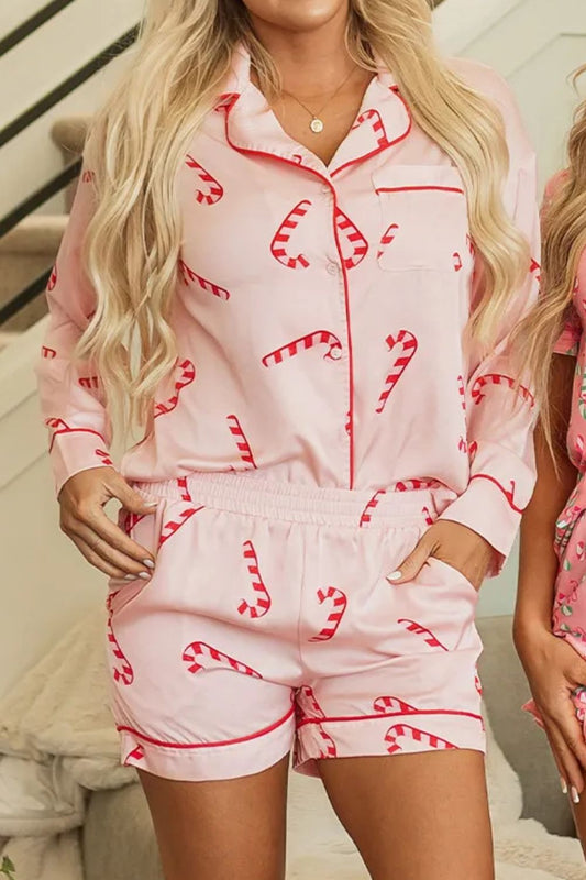 Candy Cane Collared Long Sleeve and Shorts Lounge Set