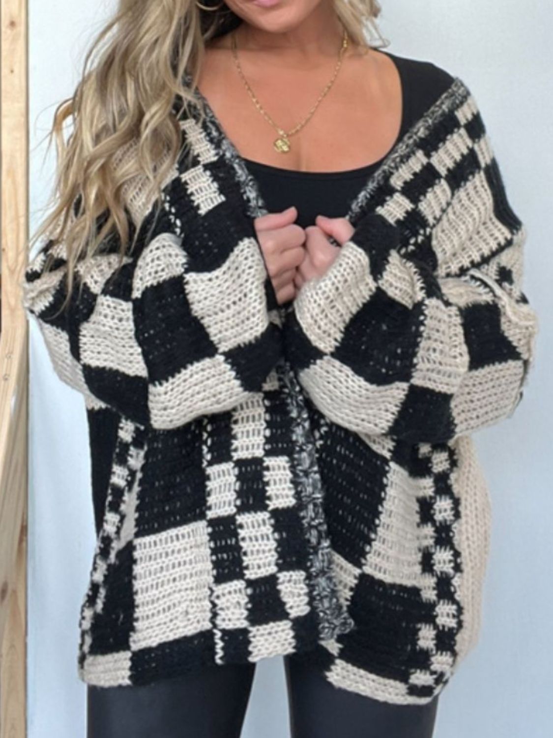 Checkered Open Front Long Sleeve Cardigan