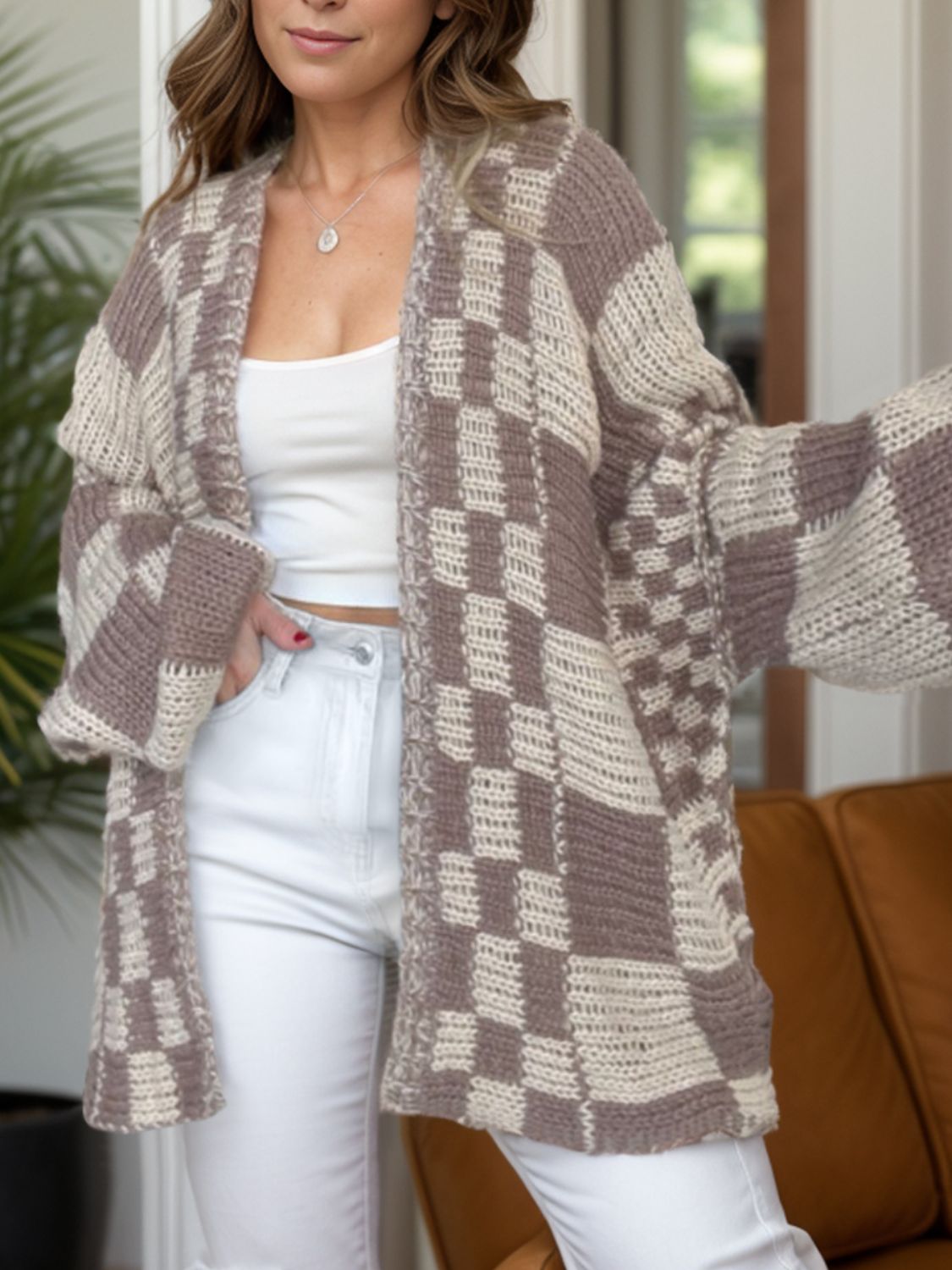 Checkered Open Front Long Sleeve Cardigan