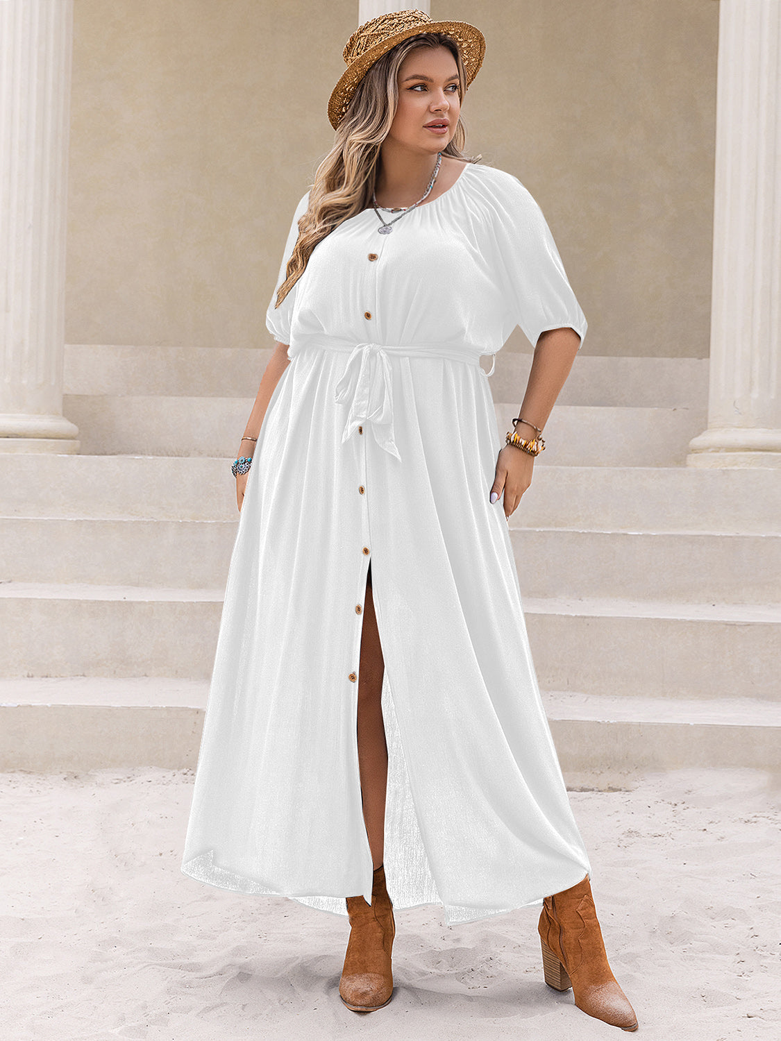 Plus Size Round Neck Half Sleeve Button Down Dress