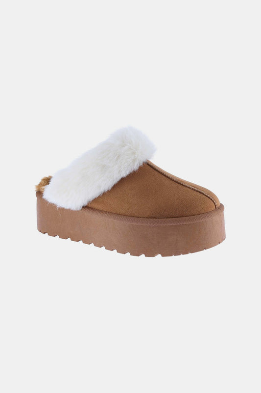 Tan Thick Bottom Fur Trim Snow Slippers