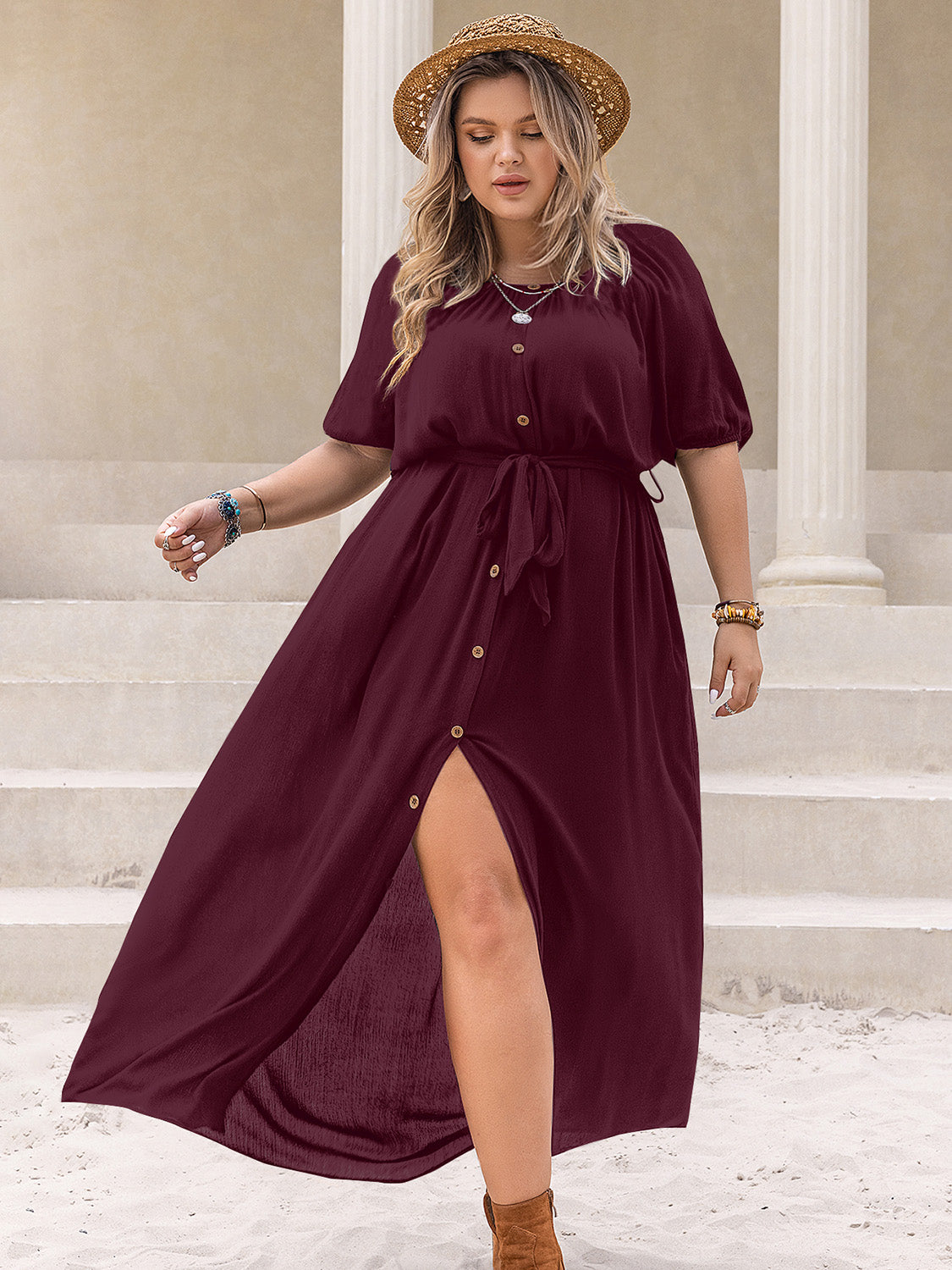 Plus Size Round Neck Half Sleeve Button Down Dress