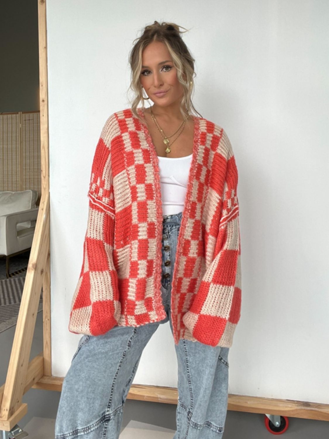 Checkered Open Front Long Sleeve Cardigan