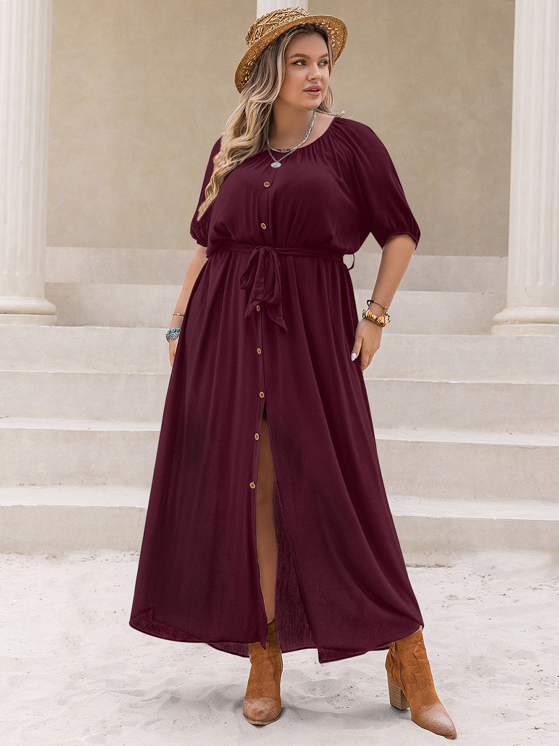 Plus Size Round Neck Half Sleeve Button Down Dress