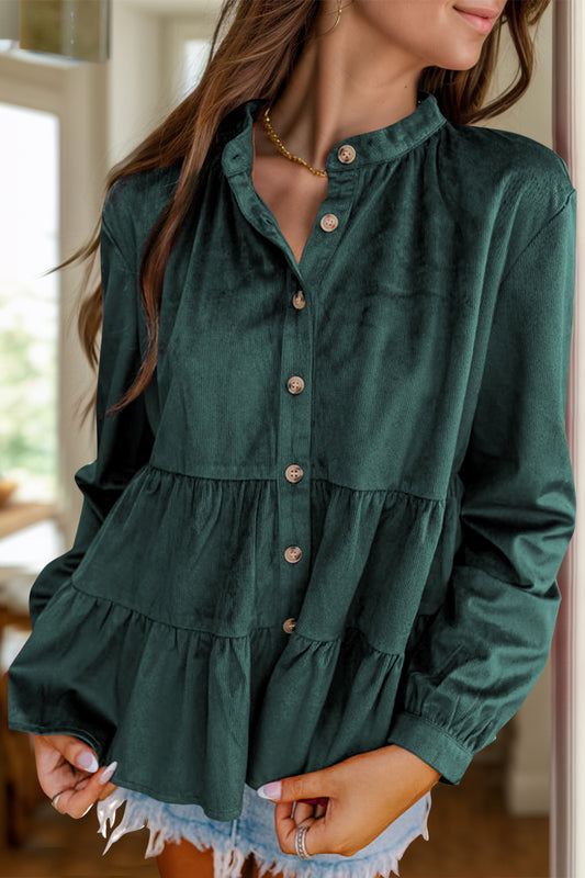 Peplum Button Down Long Sleeve Ruffle Shirt