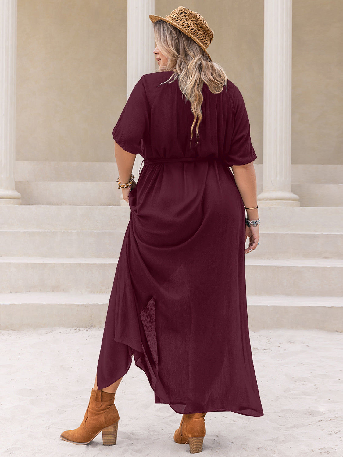 Plus Size Round Neck Half Sleeve Button Down Dress