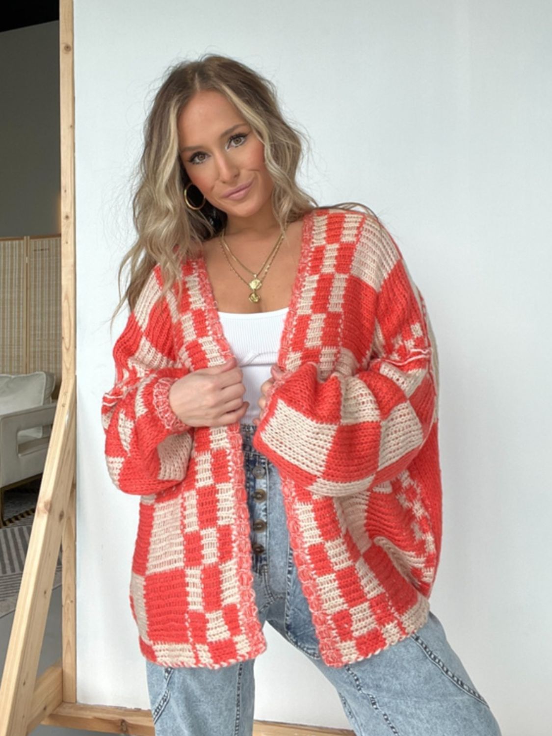 Checkered Open Front Long Sleeve Cardigan